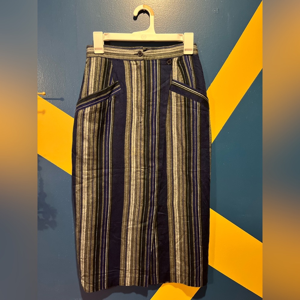 Vintage Via Frascatti Navy, White & Gray Striped Wool Blend Midi Skirt EUC
